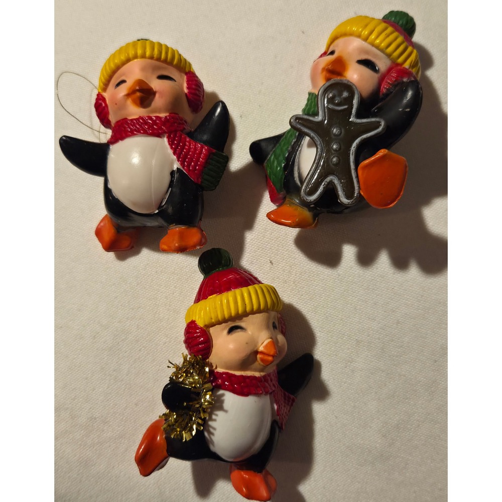 Vintage Penguin Christmas Ornaments Set/3‎ Retro Winter Figures Gingerbread PVC